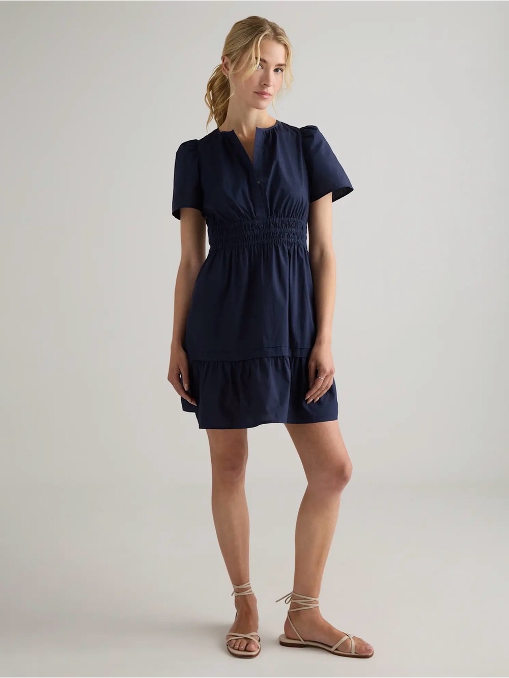 Quince Navy Blue Smocked-Waist Mini Dress